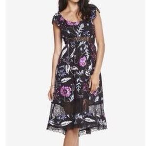 Express Black Dress with Purple Floral Design and Lace